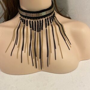 Whimsygoth Signed PL Black and Gold Beaded Tassel Choker